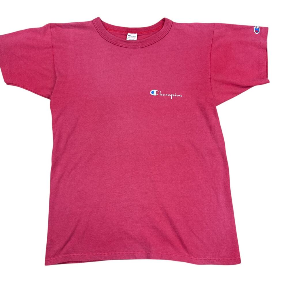 Vintage 80s Champion T Shirt Script Logo Single Stitch Red Medium USA Made Crew
